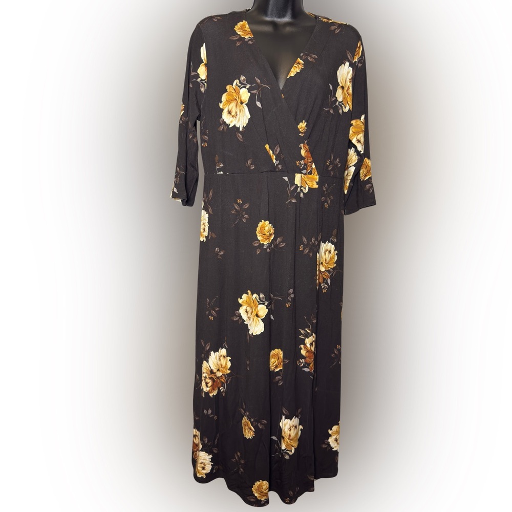 J. Jill Black Faux Wrap Dress with Yellow Floral Design